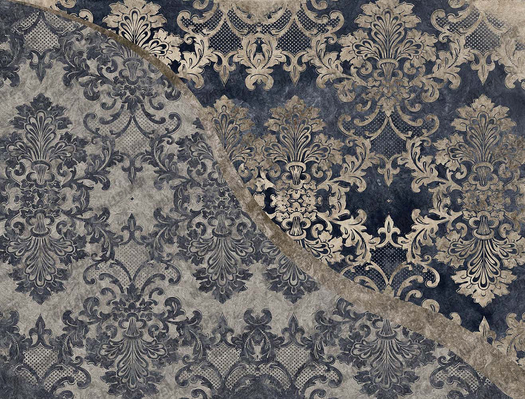 Navy Baroque Wallpaper : Distressed Damask Texture Mural - flat design
