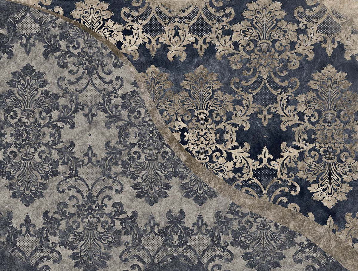 Navy Baroque Wallpaper : Distressed Damask Texture Mural - flat design