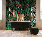 Jungle Portrait Wallpaper : Leopards and Tropical Leaves Mural
