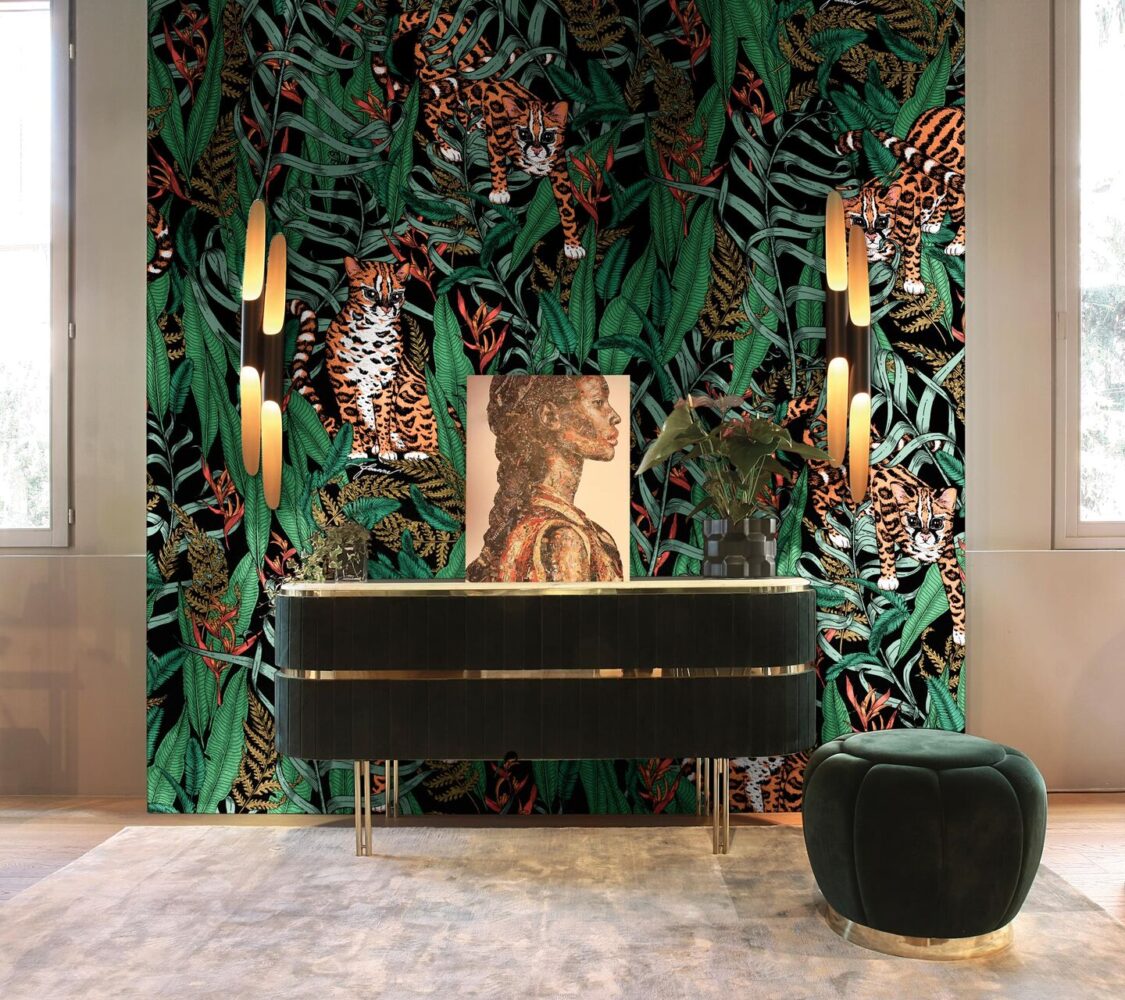 Jungle Portrait Wallpaper : Leopards and Tropical Leaves Mural