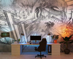 Pencil Sketch Wallpaper : Grey Drawn Portrait Leaf Mural
