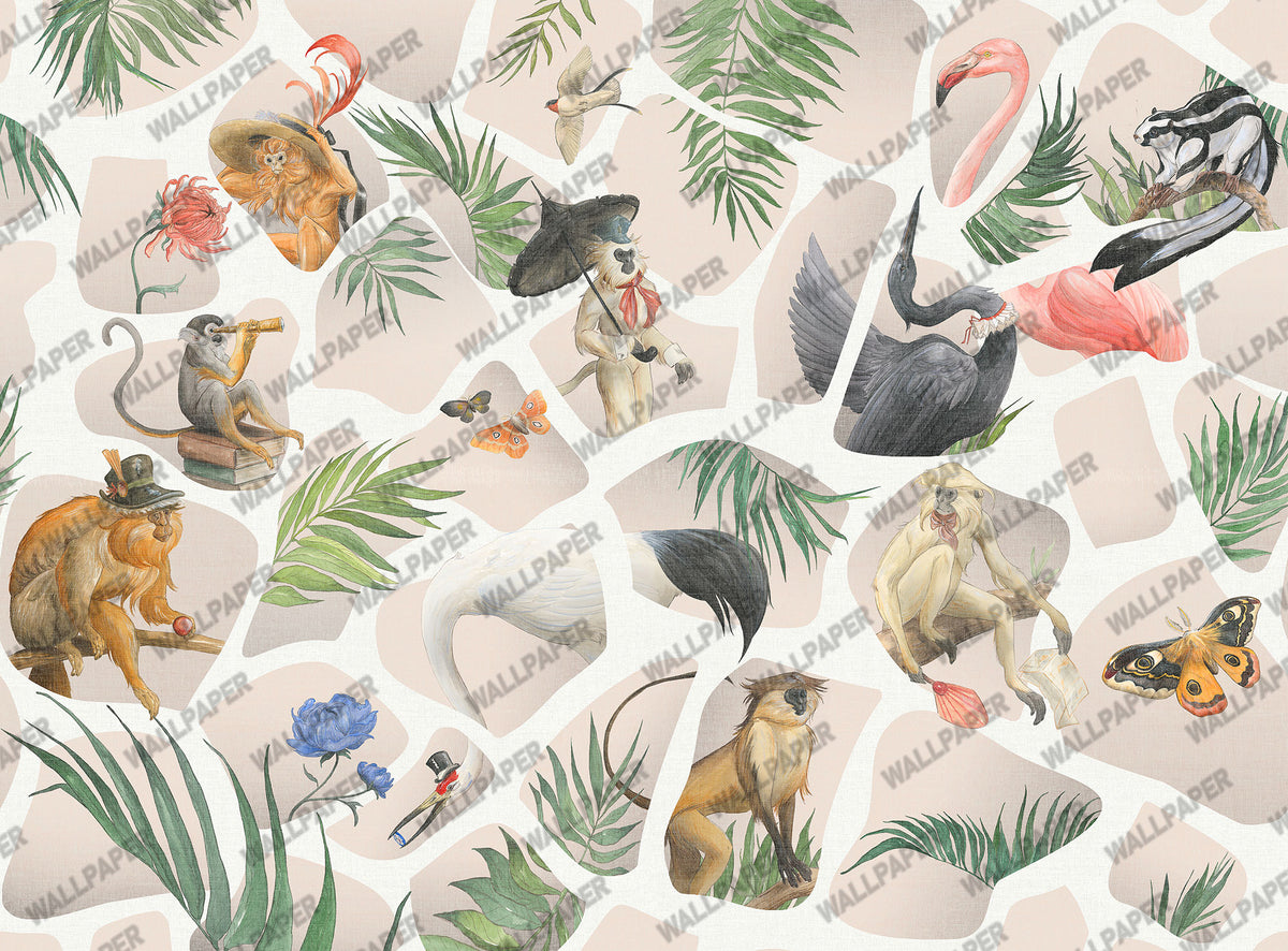 Tropical Animal Collage Wallpaper : Mint Monkey Flamingo Mural - View 2