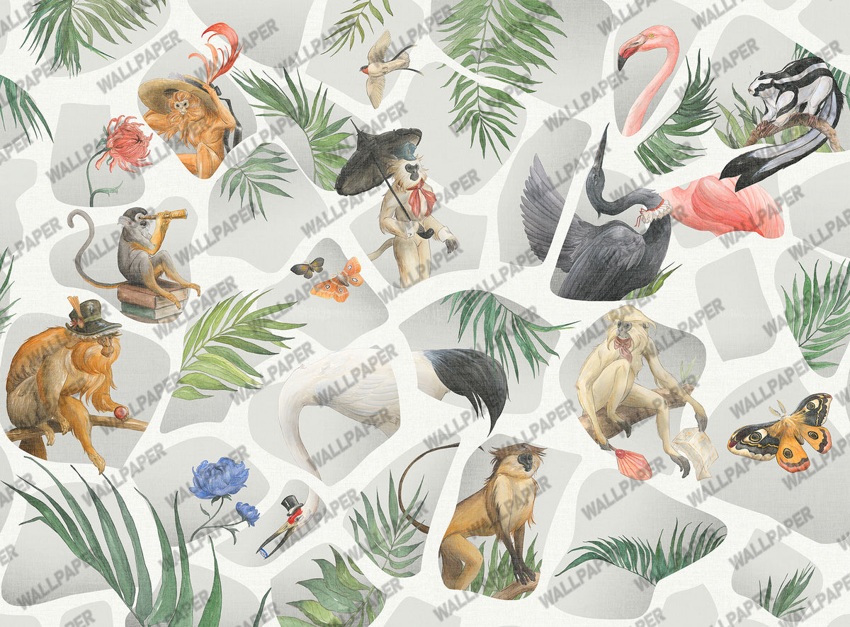 Tropical Animal Collage Wallpaper : Mint Monkey Flamingo Mural - View 3
