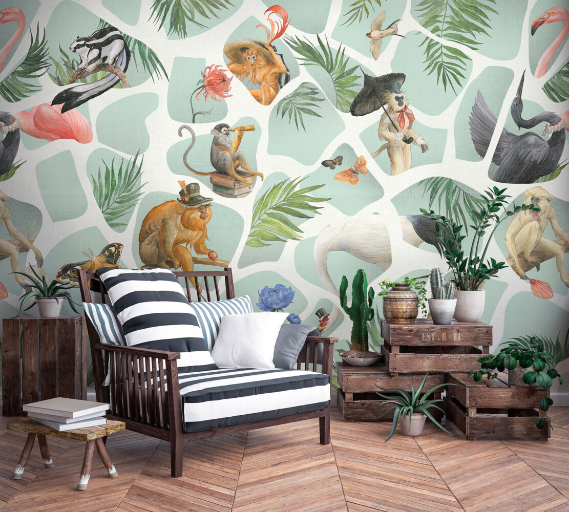 Tropical Animal Collage Wallpaper : Mint Monkey Flamingo Mural