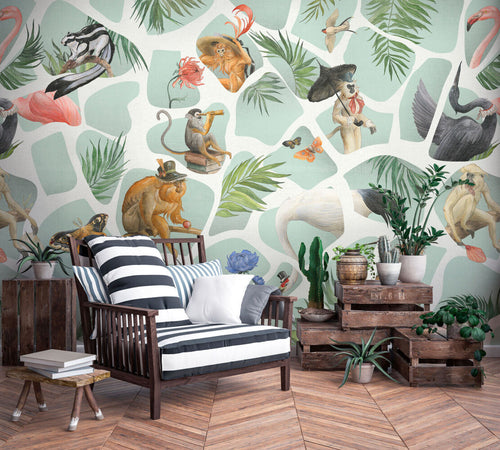 Tropical Animal Collage Wallpaper : Mint Monkey Flamingo Mural
