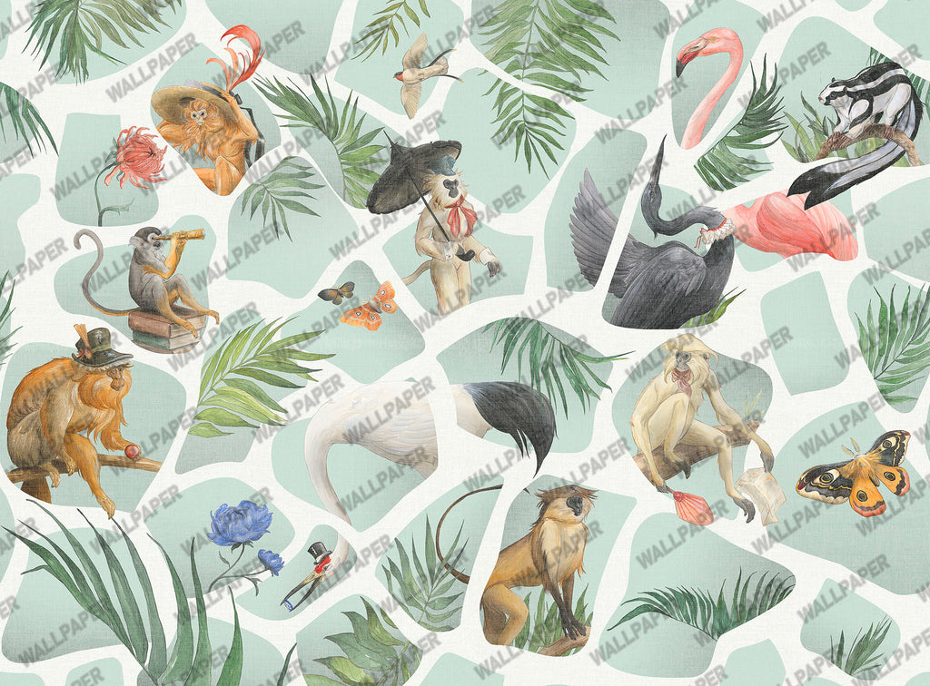 Tropical Animal Collage Wallpaper : Mint Monkey Flamingo Mural - flat design