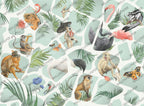 Tropical Animal Collage Wallpaper : Mint Monkey Flamingo Mural - flat design