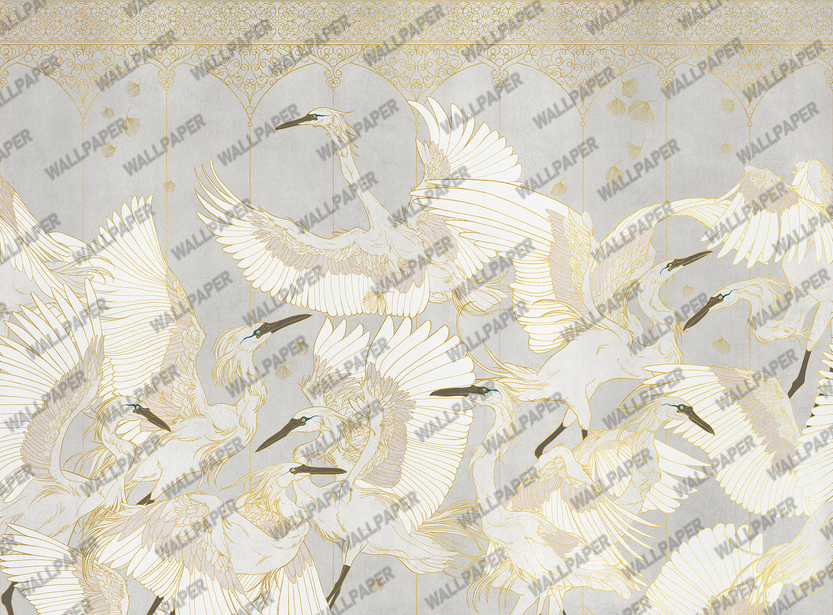 White Crane Wallpaper : Gold Line Birds On Charcoal Mural - View 2