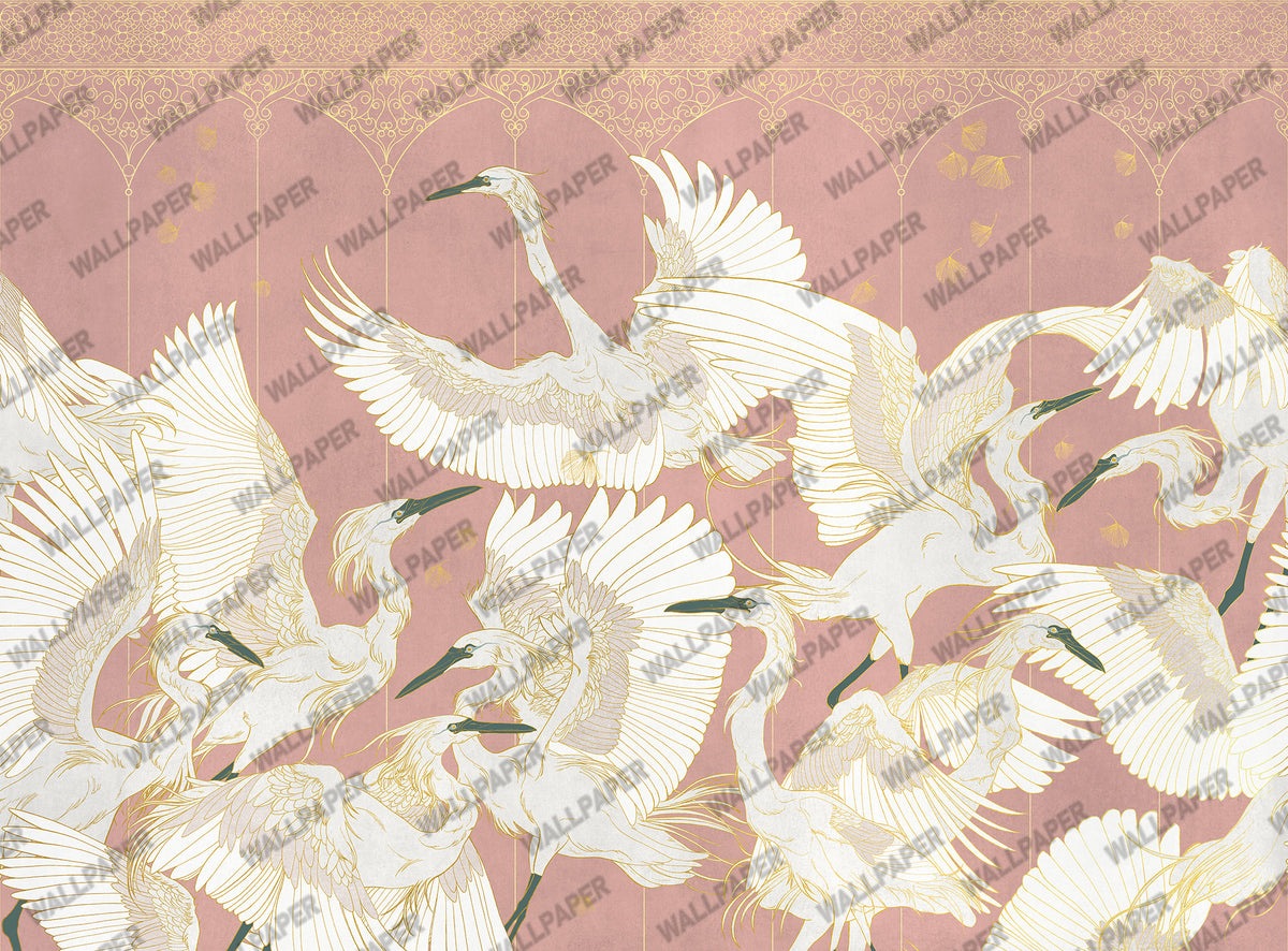 White Crane Wallpaper : Gold Line Birds On Charcoal Mural - View 3