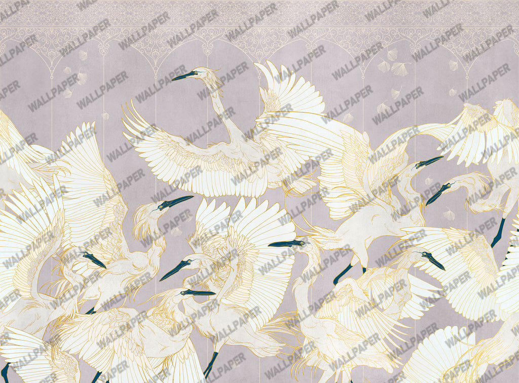 White Crane Wallpaper : Gold Line Birds On Charcoal Mural - View 4