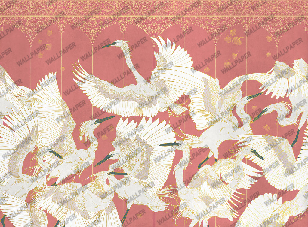 White Crane Wallpaper : Gold Line Birds On Charcoal Mural - View 5