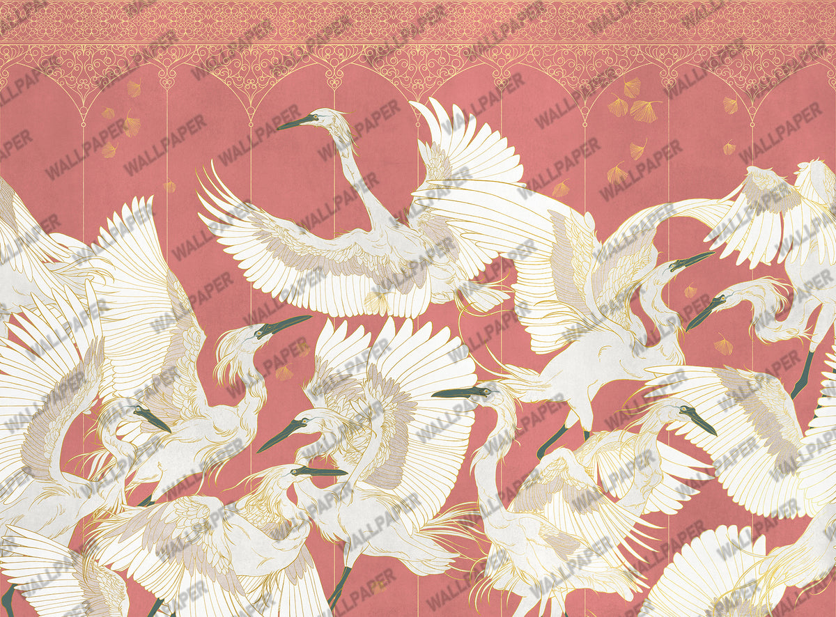 White Crane Wallpaper : Gold Line Birds On Charcoal Mural - View 5