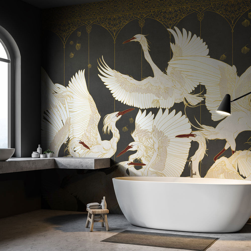 White Crane Wallpaper : Gold Line Birds On Charcoal Mural