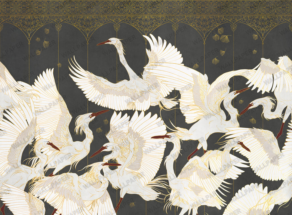 White Crane Wallpaper : Gold Line Birds On Charcoal Mural - flat design