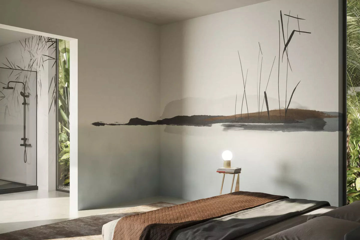 Ink Wash Landscape Wallpaper : Minimalist Lake Reeds Mural