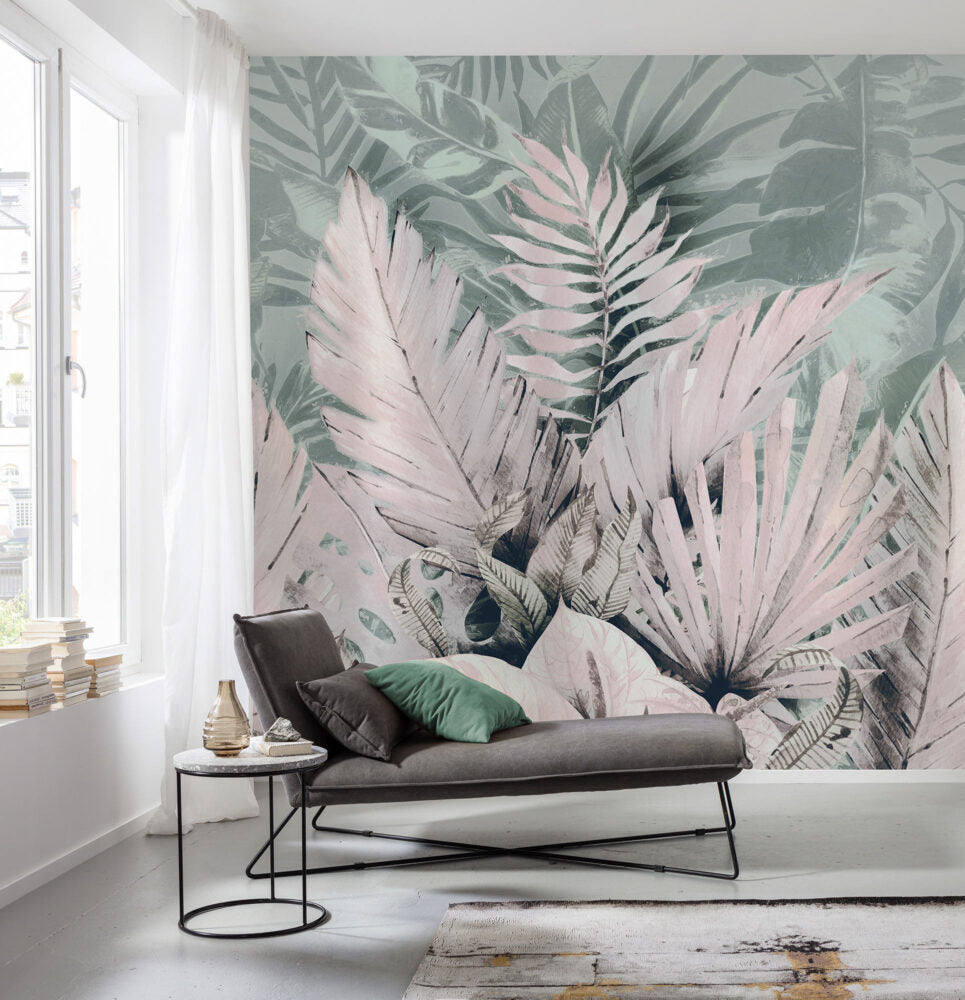 Blush Tropical Leaf Wallpaper : Soft Pink Sage Palm Mural