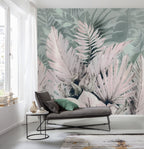 Blush Tropical Leaf Wallpaper : Soft Pink Sage Palm Mural