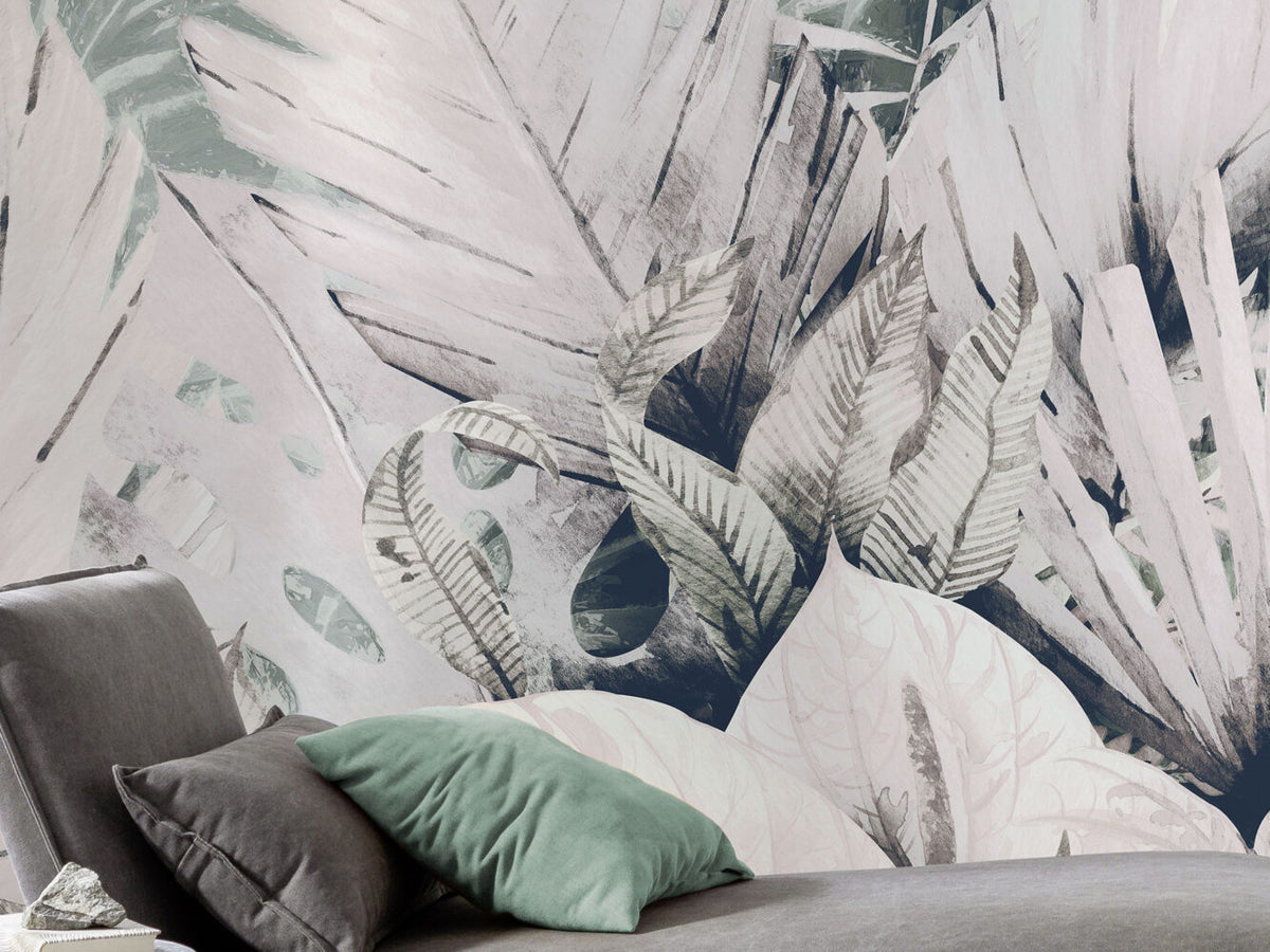Blush Tropical Leaf Wallpaper : Soft Pink Sage Palm Mural - View 2