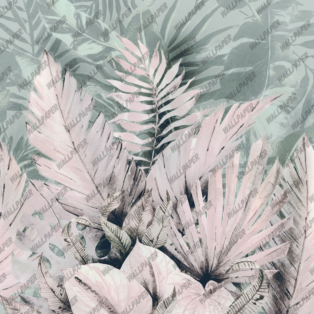 Blush Tropical Leaf Wallpaper : Soft Pink Sage Palm Mural - flat design
