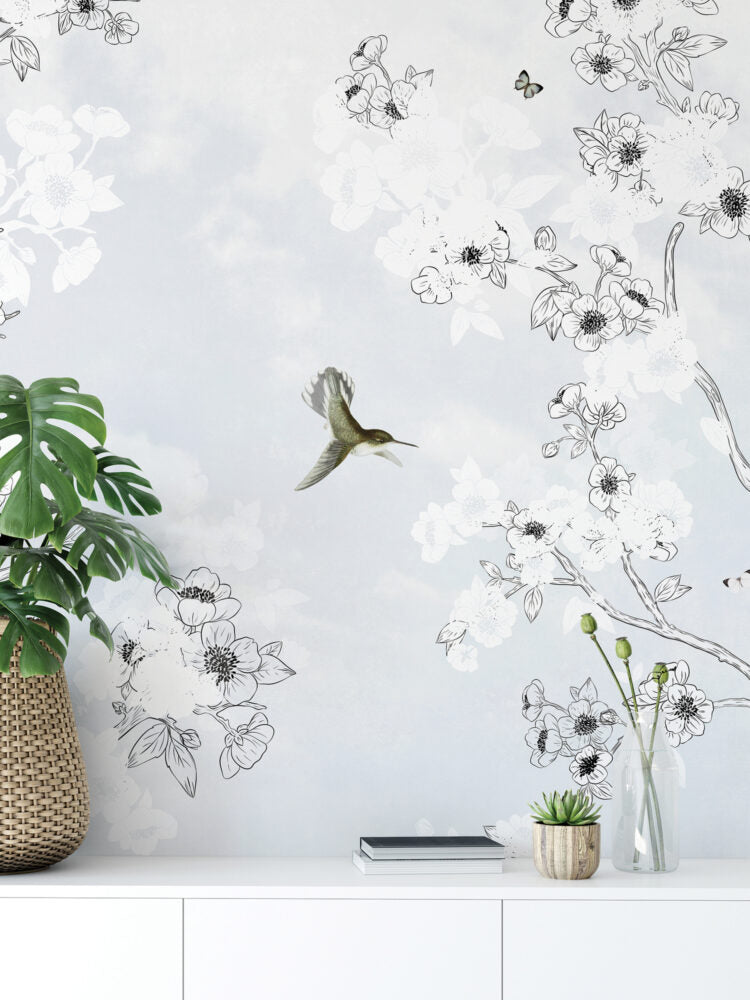 Blossom Branch Birds Wallpaper : Soft White Sketch Floral Mural - View 2