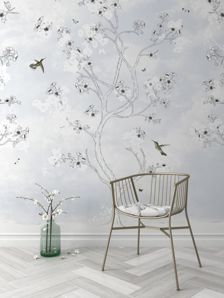 Blossom Branch Birds Wallpaper : Soft White Sketch Floral Mural