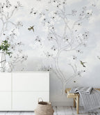 Blossom Branch Birds Wallpaper : Soft White Sketch Floral Mural - View 3