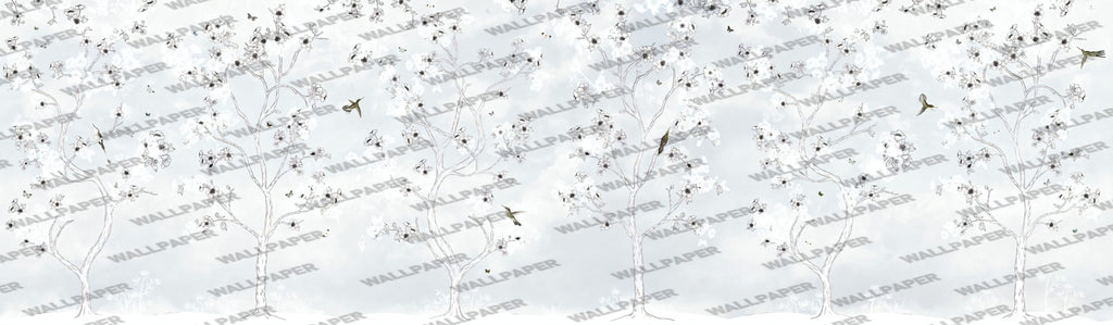 Blossom Branch Birds Wallpaper : Soft White Sketch Floral Mural - flat design
