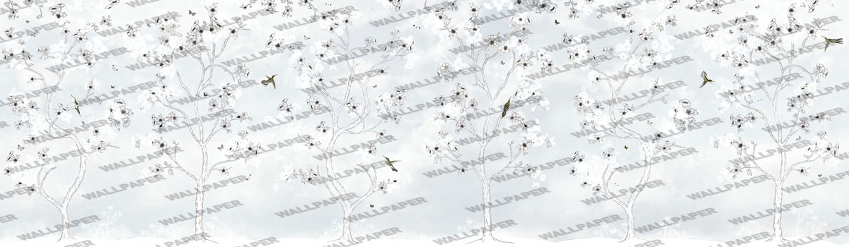 Blossom Branch Birds Wallpaper : Soft White Sketch Floral Mural - flat design