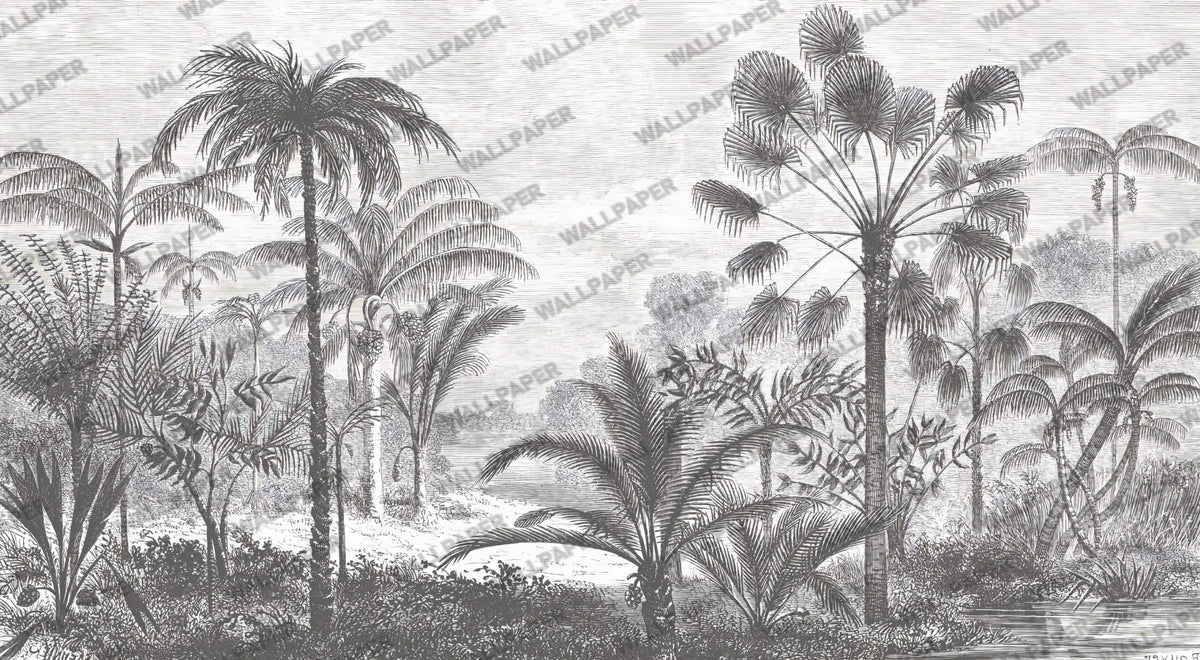 Black and White Jungle Wallpaper : Palm Tree Etching Mural - View 2