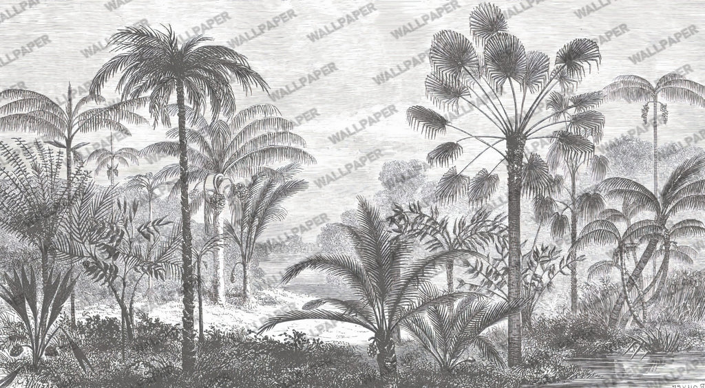 Black and White Jungle Wallpaper : Palm Tree Etching Mural - flat design