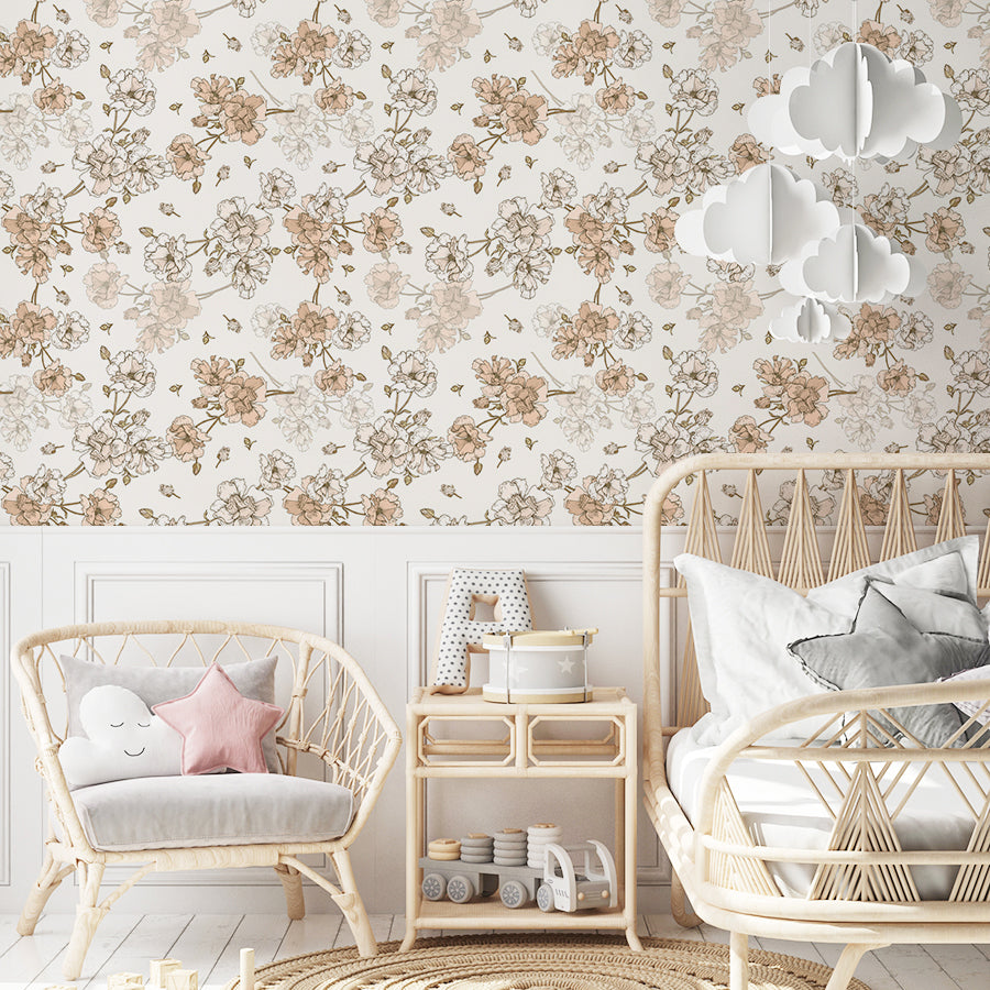 Peach Line Floral Wallpaper : Spring Blossom Branch Pattern