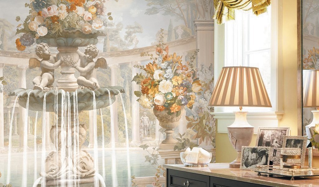 Cherub Fountain Wallpaper : Classical Garden Colonnade Mural - View 3