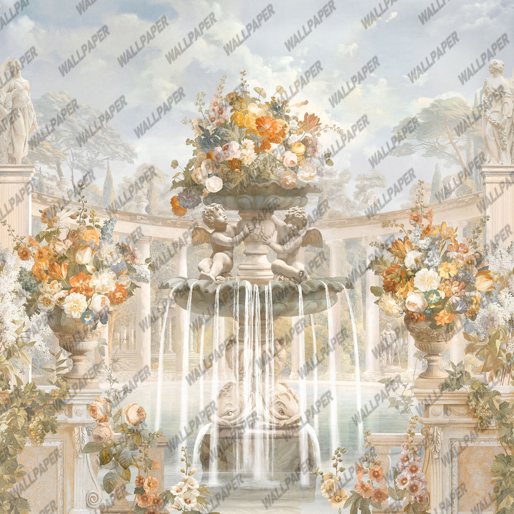 Cherub Fountain Wallpaper : Classical Garden Colonnade Mural - View 2