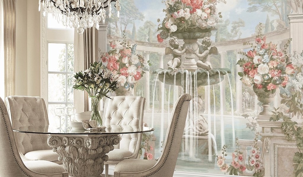 Cherub Fountain Wallpaper : Classical Garden Colonnade Mural