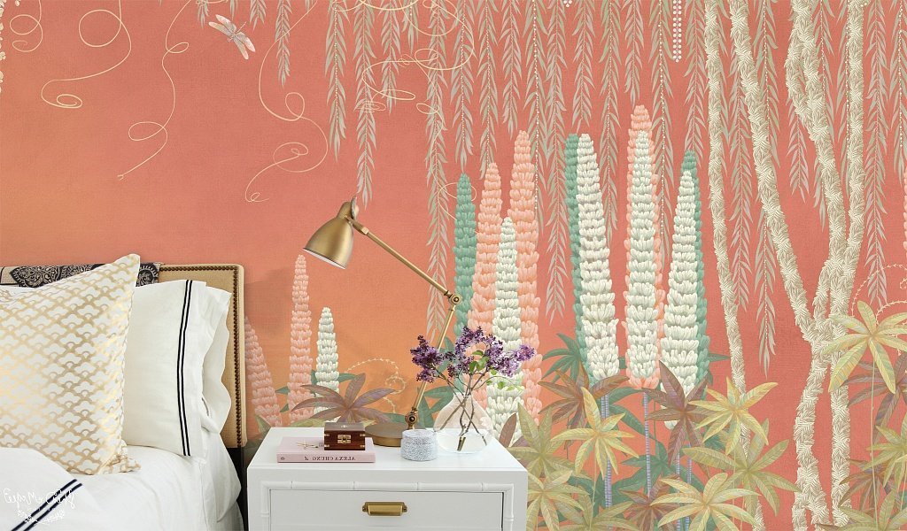 Wisteria Cranes Wallpaper : Teal Hanging Blossom Mural - View 5