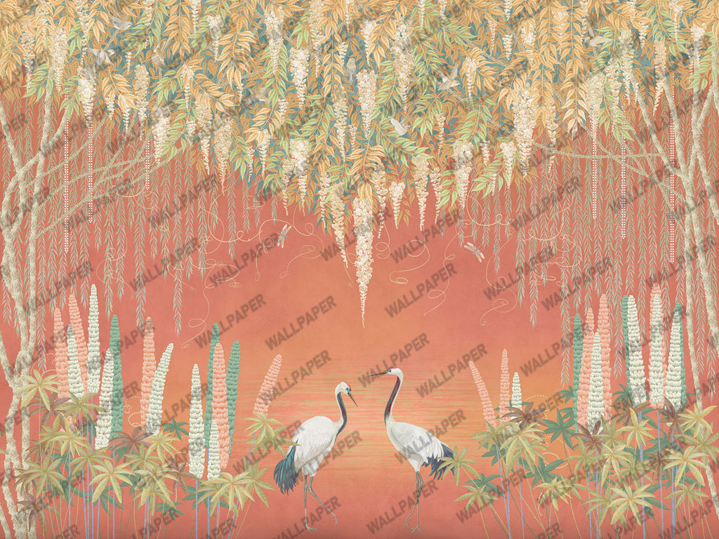 Wisteria Cranes Wallpaper : Teal Hanging Blossom Mural - View 4