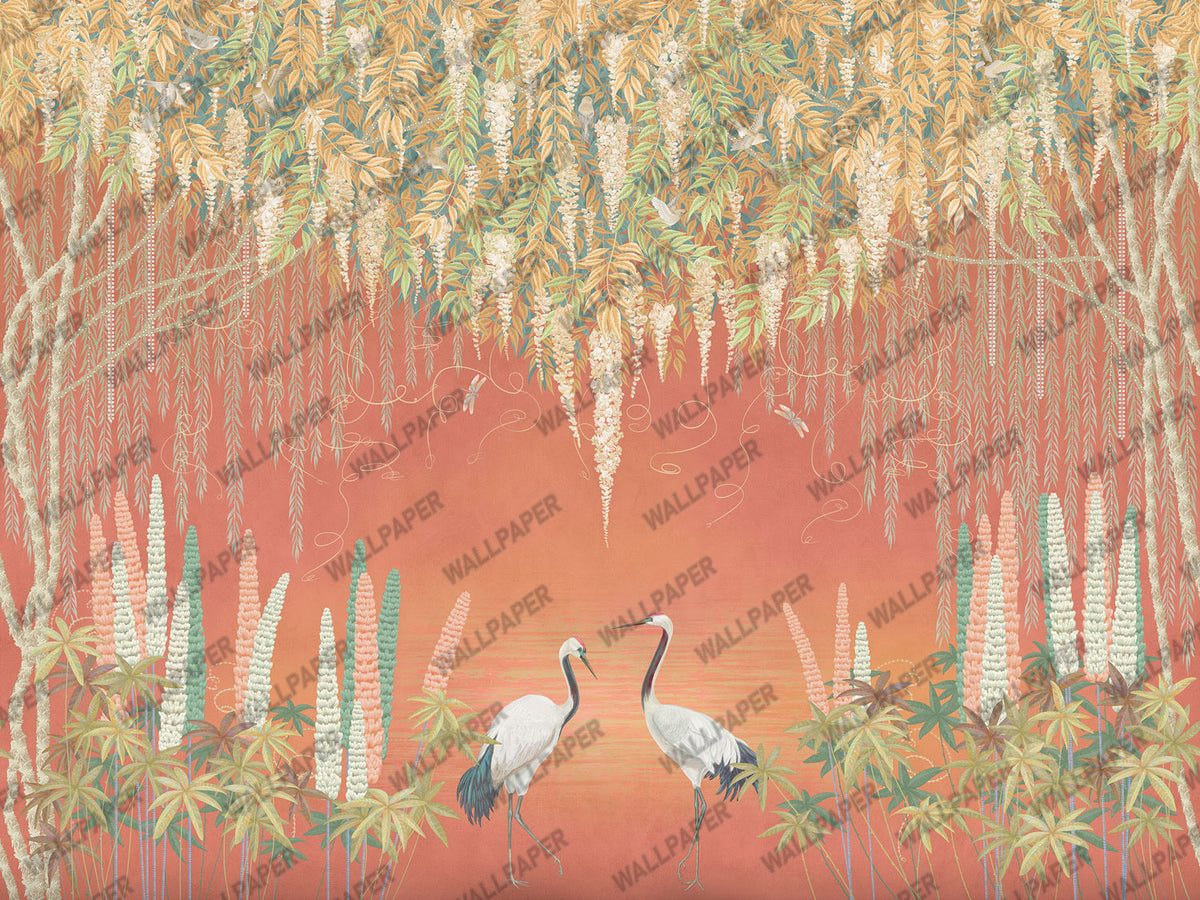 Wisteria Cranes Wallpaper : Teal Hanging Blossom Mural - View 4