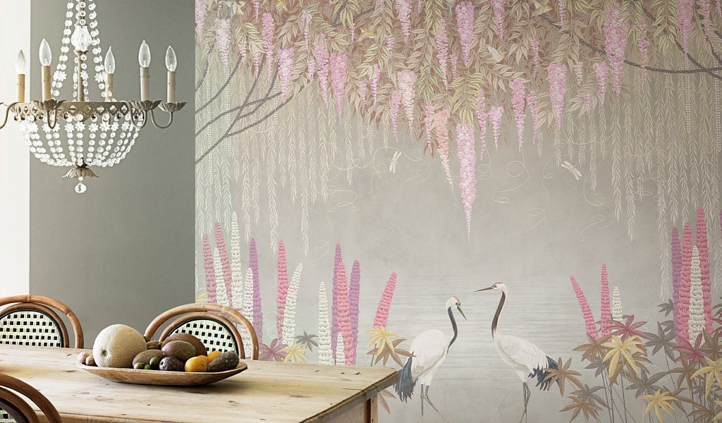 Wisteria Cranes Wallpaper : Teal Hanging Blossom Mural