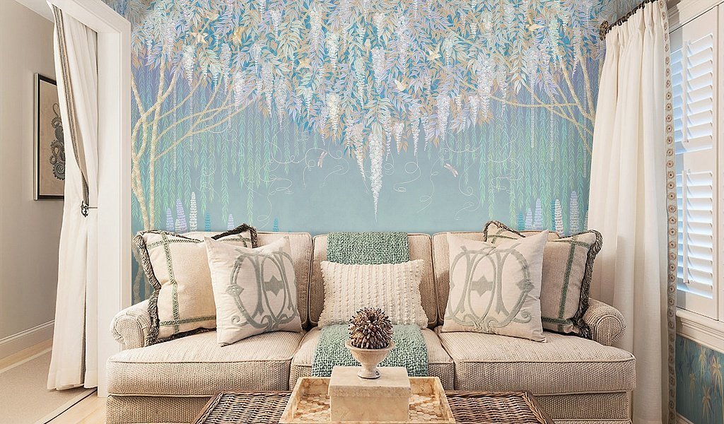 Wisteria Cranes Wallpaper : Teal Hanging Blossom Mural - View 3