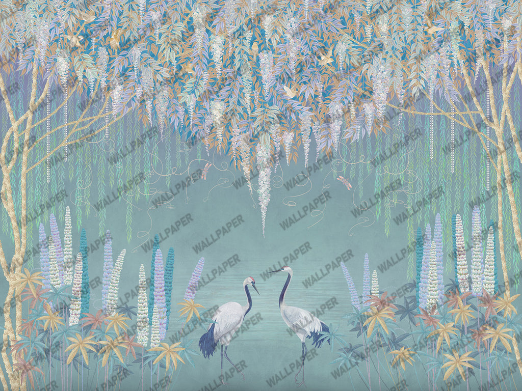 Wisteria Cranes Wallpaper : Teal Hanging Blossom Mural - flat design