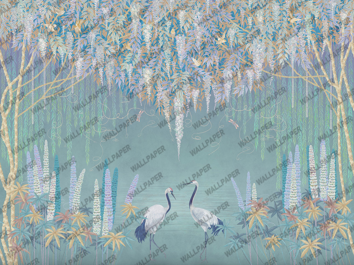Wisteria Cranes Wallpaper : Teal Hanging Blossom Mural - flat design