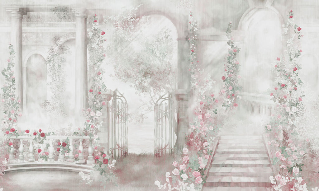 Rose Garden Gate Wallpaper : Misty Roman Arch Mural - View 2