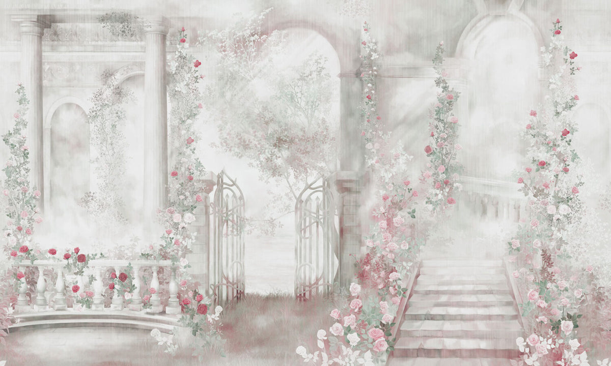 Rose Garden Gate Wallpaper : Misty Roman Arch Mural - View 2