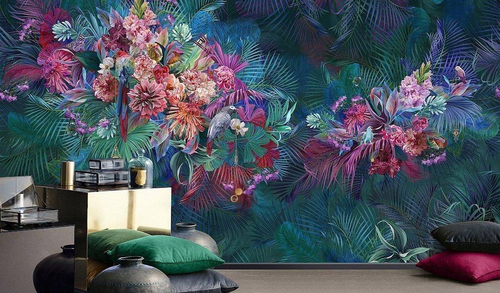 Grey Parrot Tropical Wallpaper : Vivid Jungle Flowers Mural