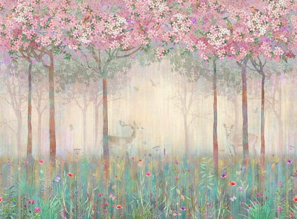 Misty Deer Forest Wallpaper : Faded Pastel Woods Mural - View 2
