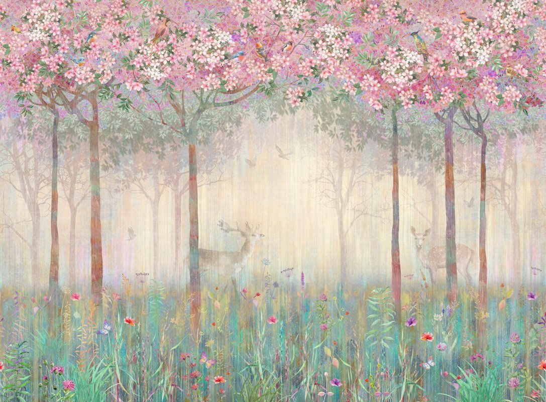 Misty Deer Forest Wallpaper : Faded Pastel Woods Mural - View 2