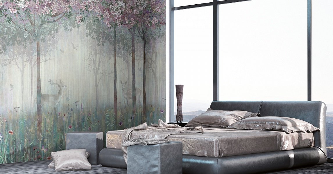 Misty Deer Forest Wallpaper : Faded Pastel Woods Mural