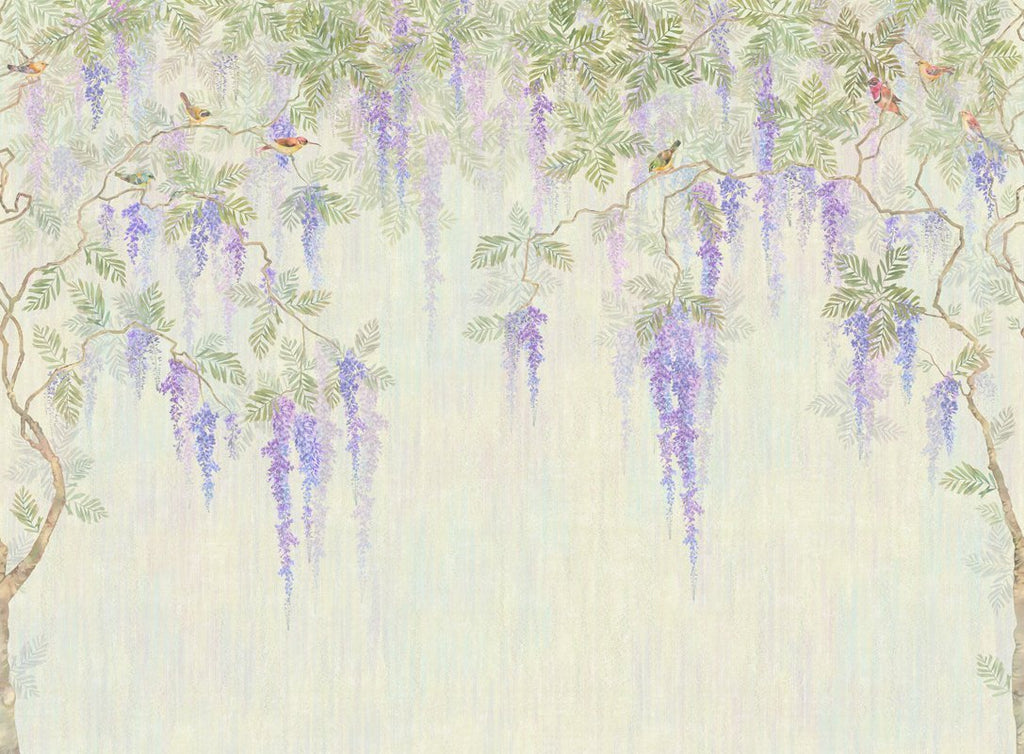 Wisteria Wallpaper : Hanging Purple Flowers Mural - flat design