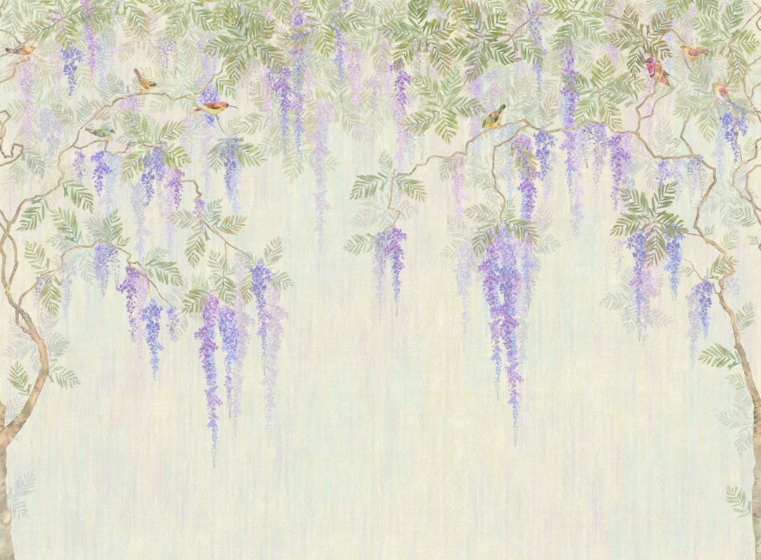 Wisteria Wallpaper : Hanging Purple Flowers Mural - flat design
