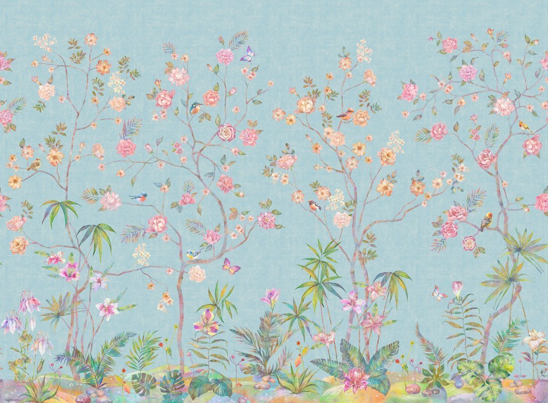 Blue Chinoiserie Wallpaper : Pink Blossom and Bird Mural - View 2